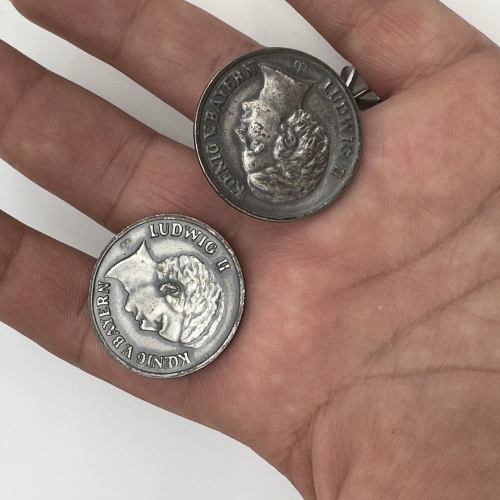Vtg Silver Coin Earrings King Ludwig Of Bavaria Screw Back Large German